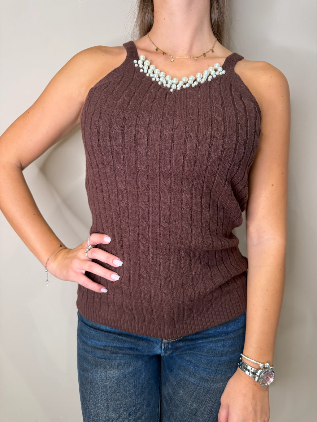 Top a costina inserto perle