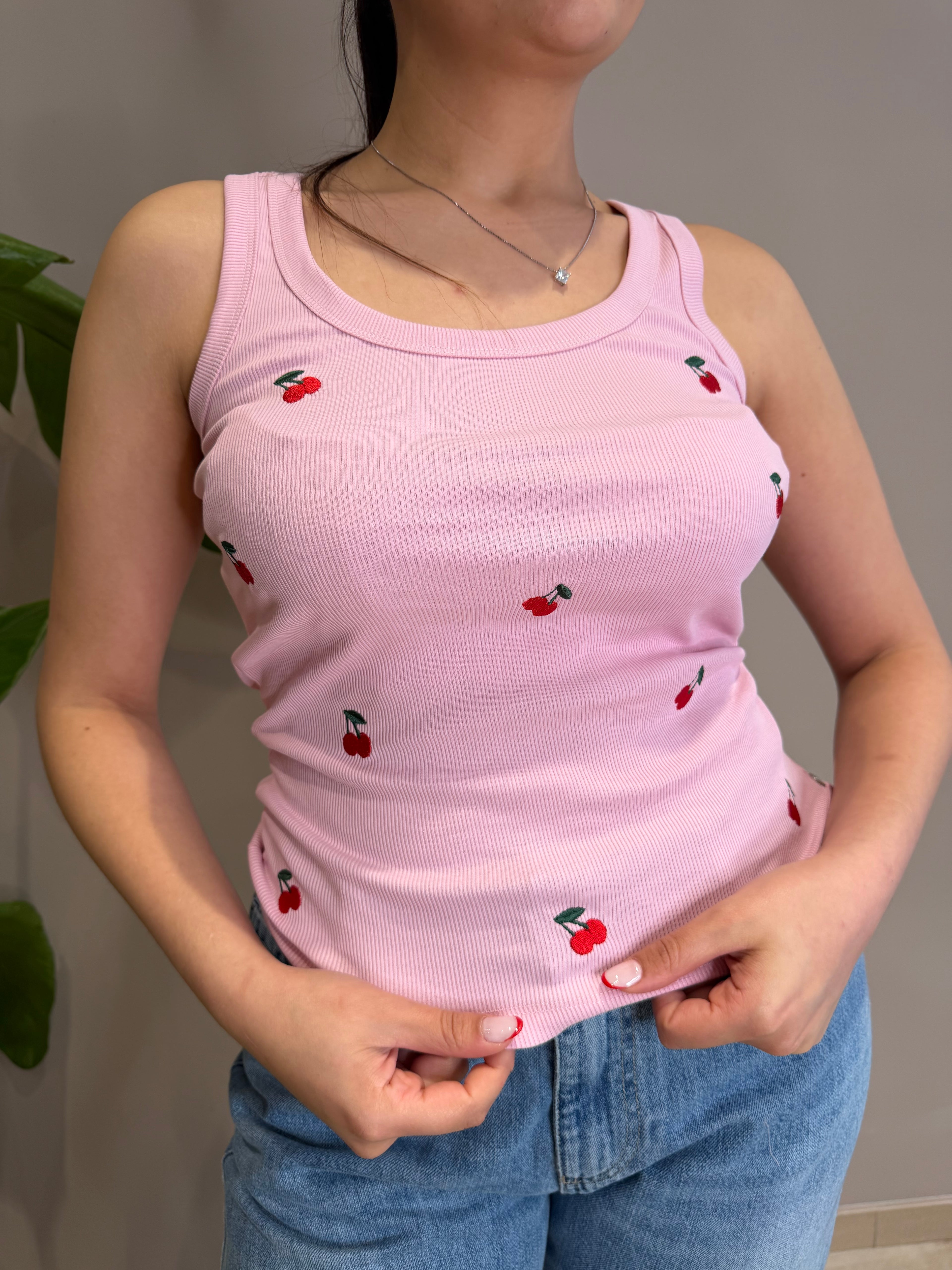 TOP COSTINA CON RICAMO CILIEGIA IN COTONE
