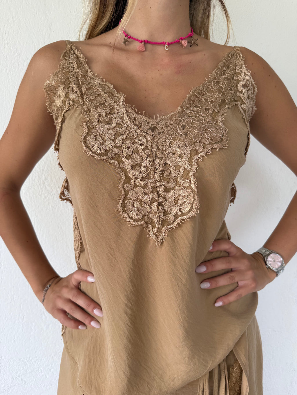 Top raso e pizzo bronzo