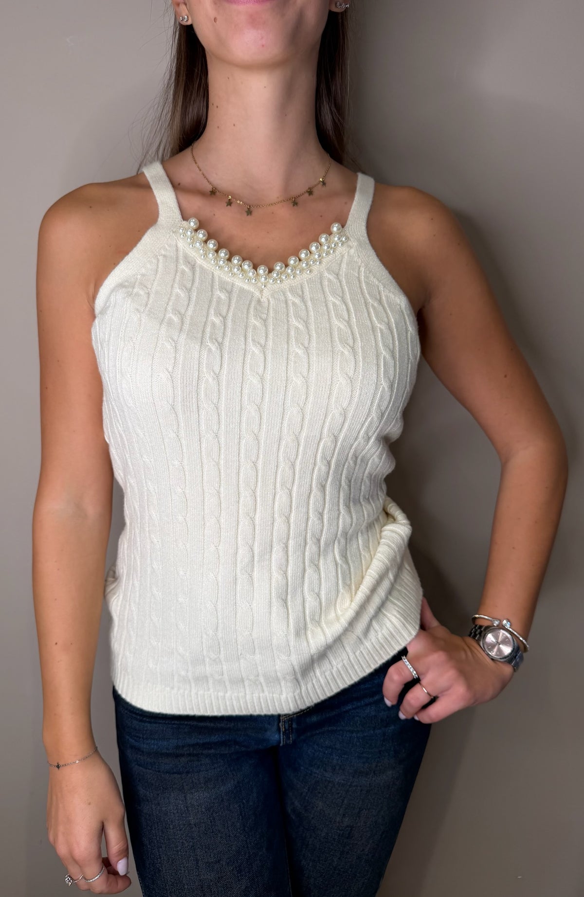 Top a costina inserto perle