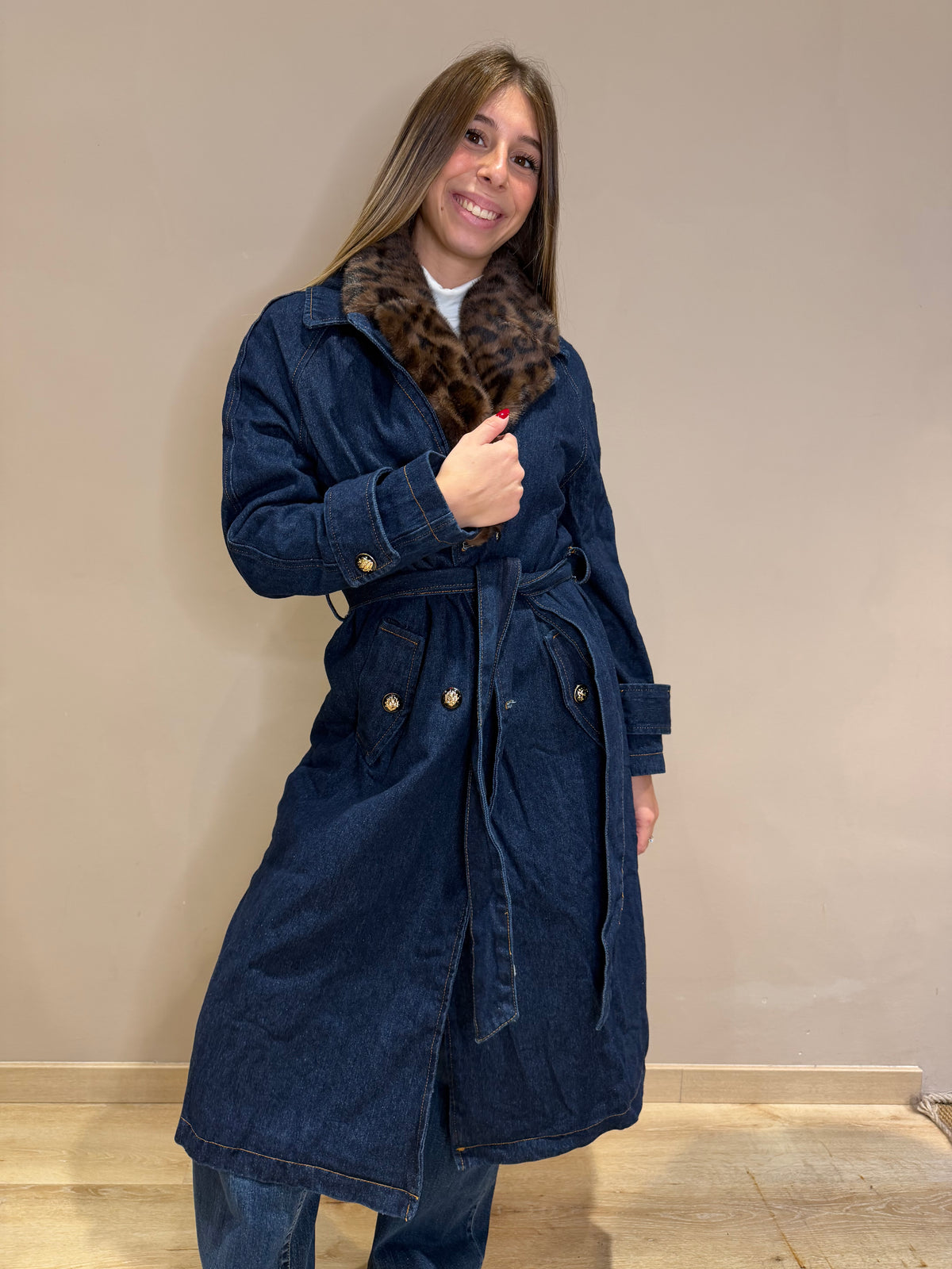 Trench Denim collo ecopelliccia