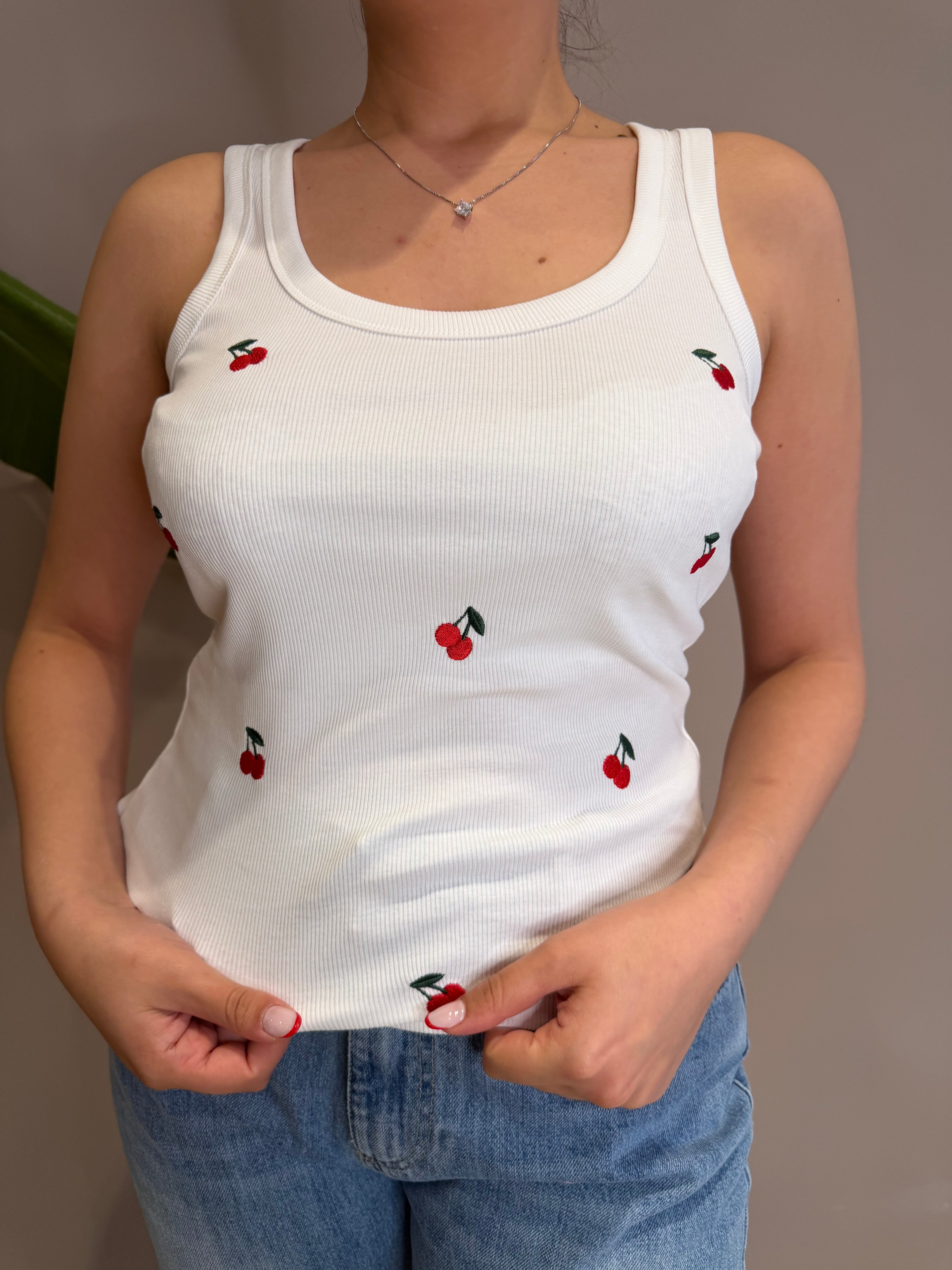 TOP COSTINA CON RICAMO CILIEGIA IN COTONE