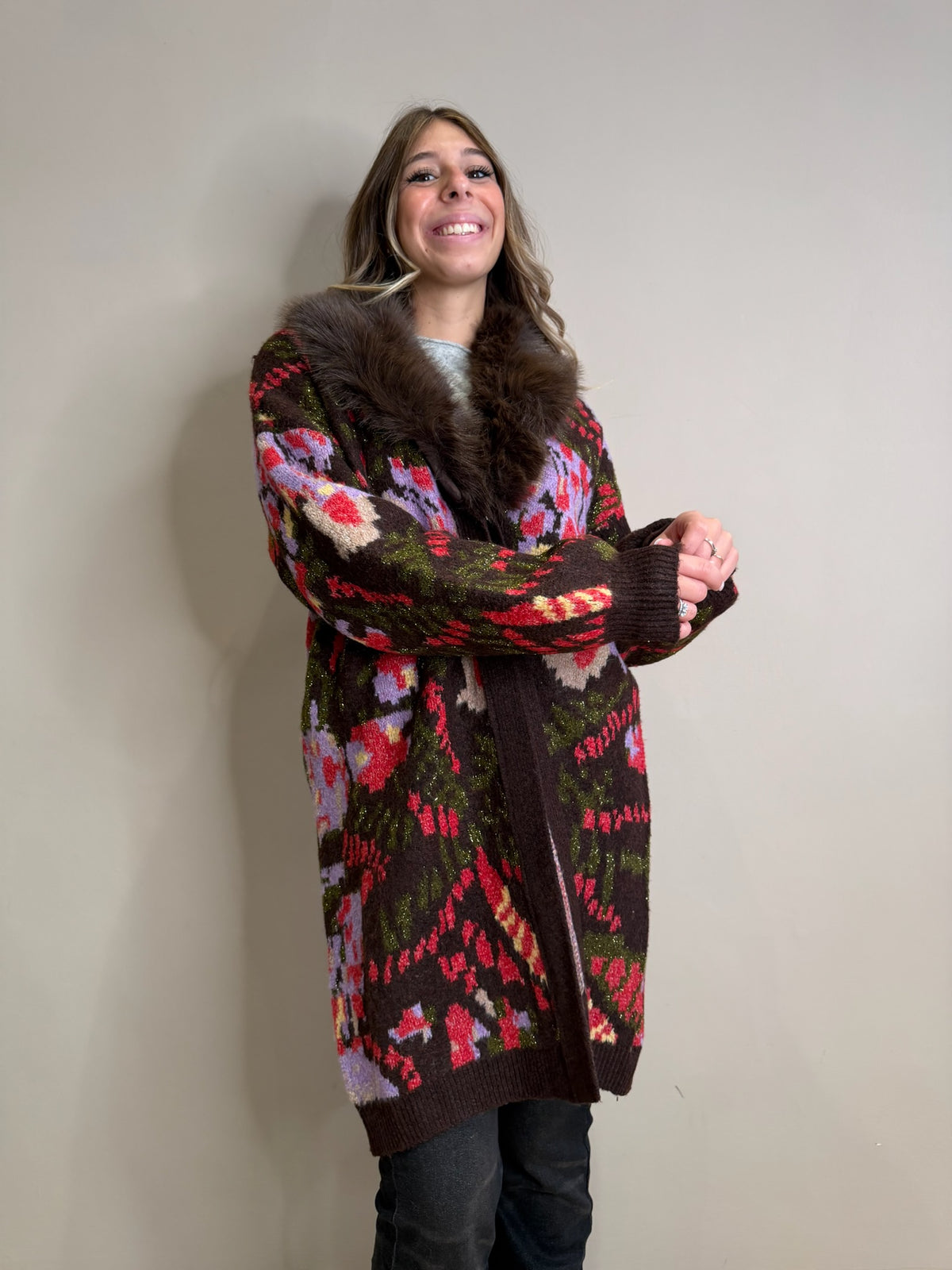 Cardigan jacquard rever pelliccia