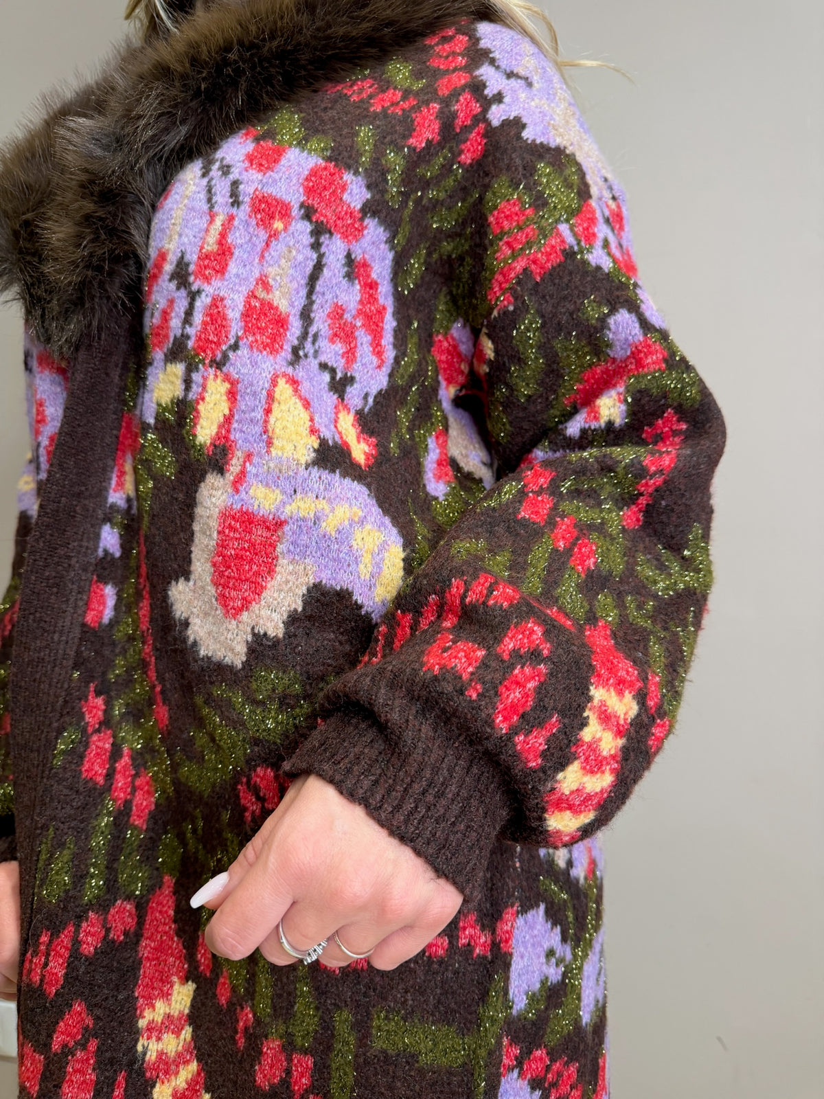 Cardigan jacquard rever pelliccia
