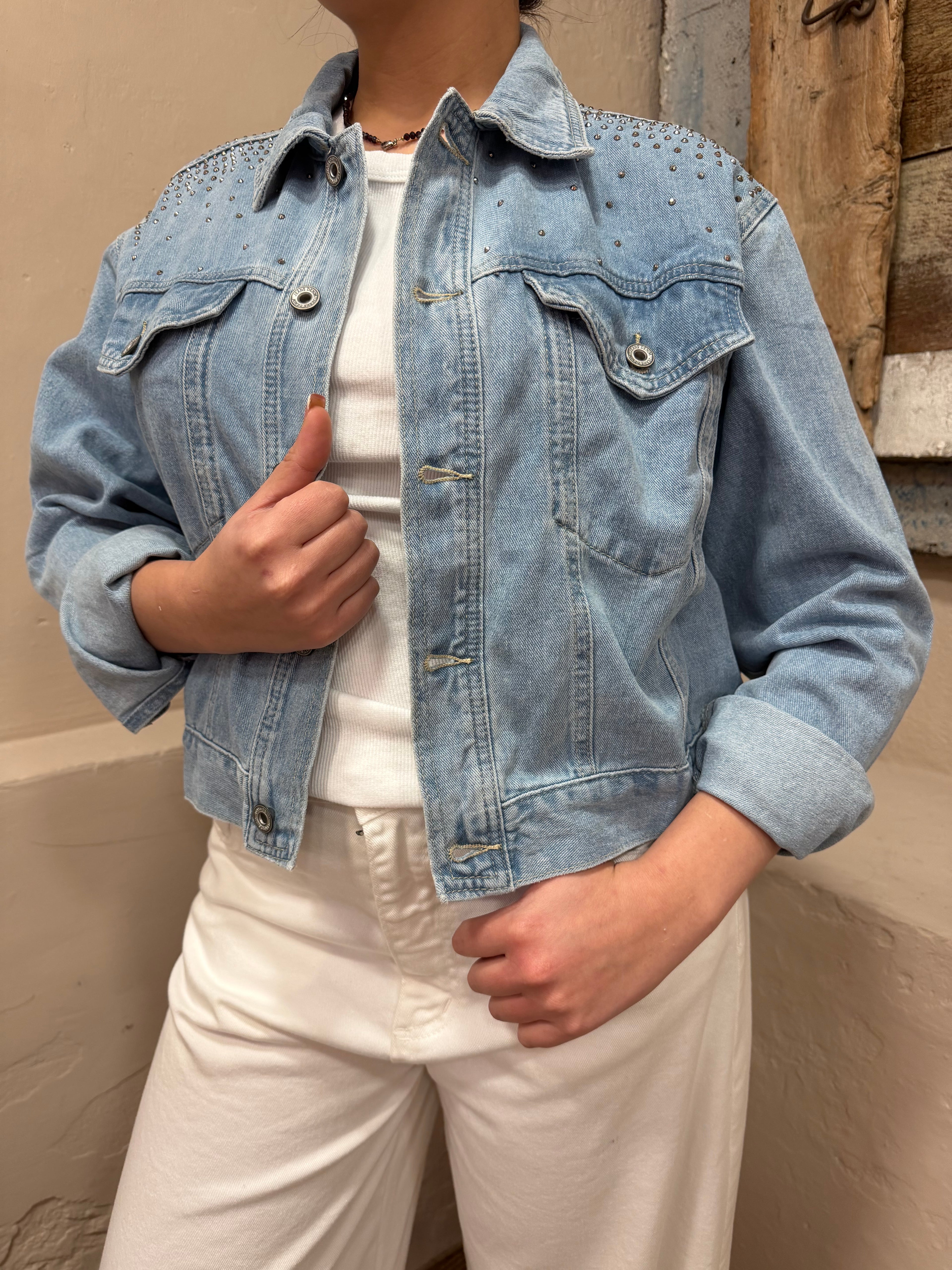 Giacca jeans strass cotone ￼