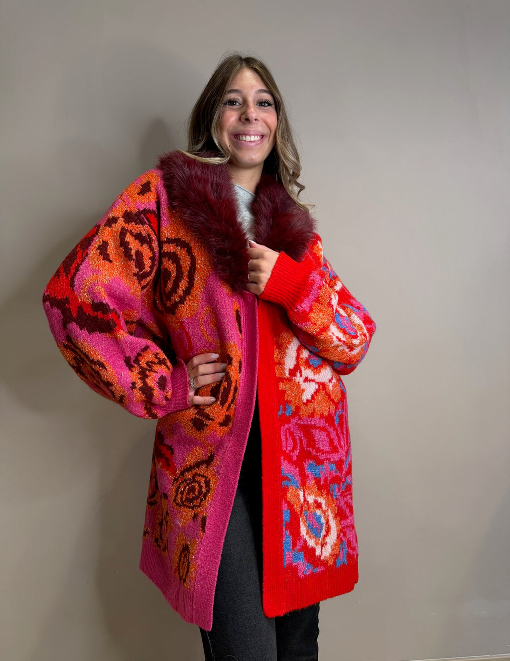 Cardigan jacquard rever pelliccia