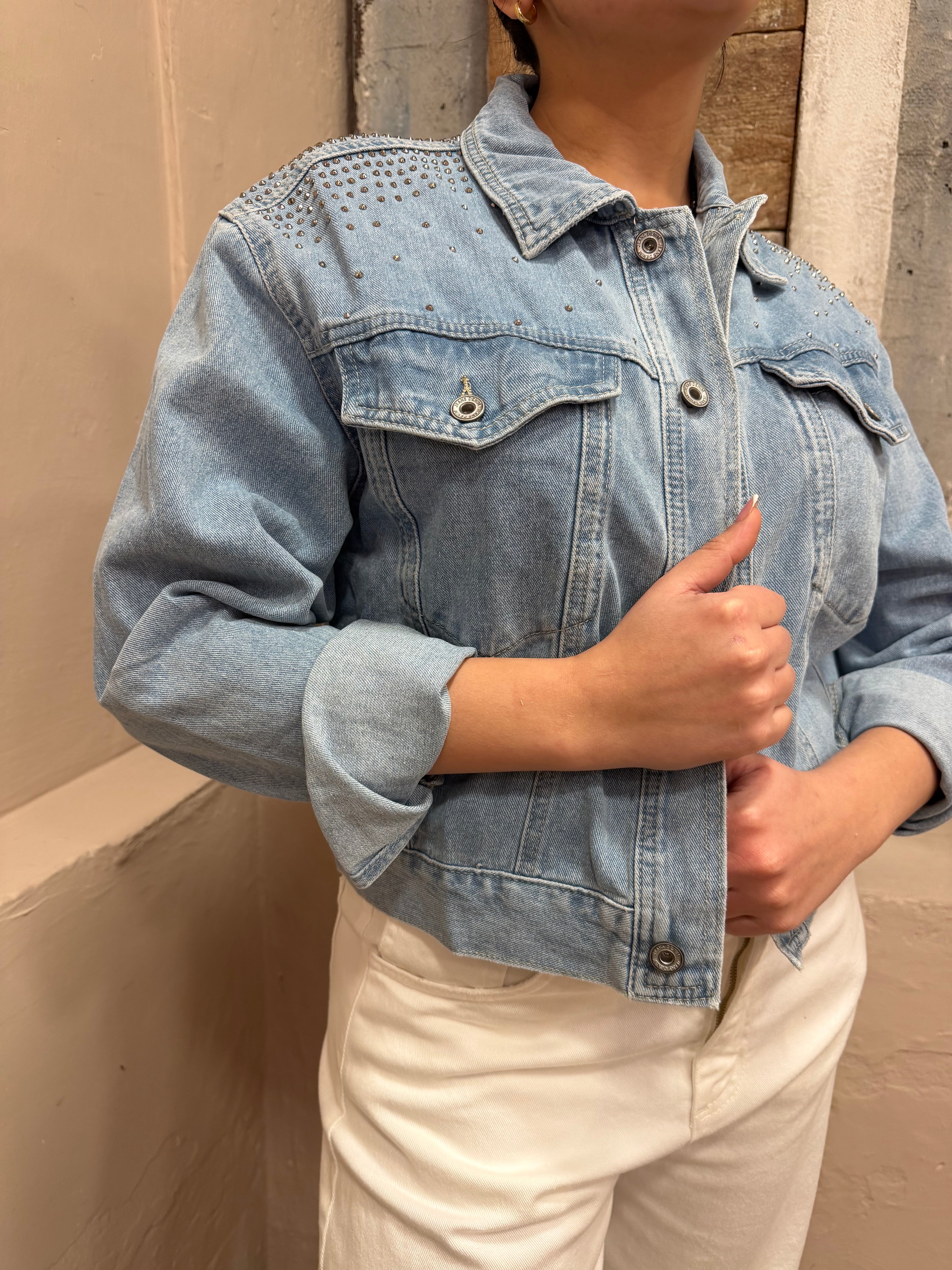 Giacca jeans strass cotone ￼
