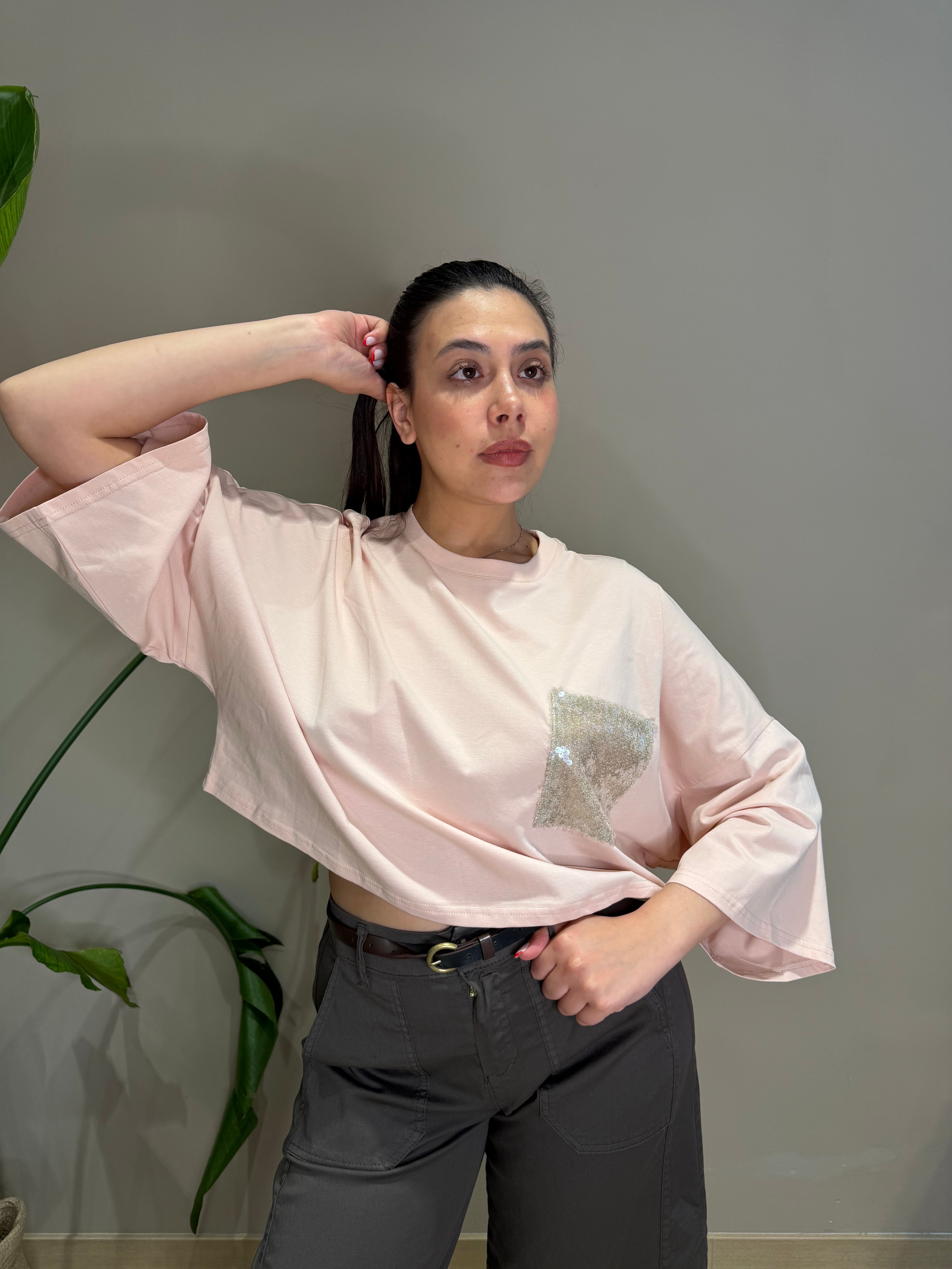 T-shirt crop tasca paillettes